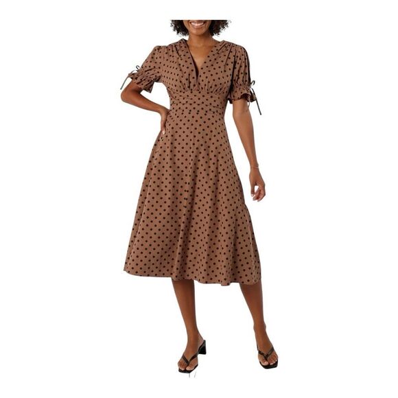 Petal & Pup Dresses & Skirts - Petal & Pup Charlie Camel Black Polka Dot Short Sleeve Cotton Midi Dress Size 8